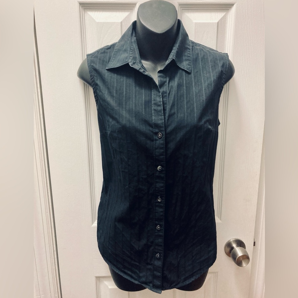 Calvin Klein Women's Button Down Striped Sleeveless Black Cotton Shirt